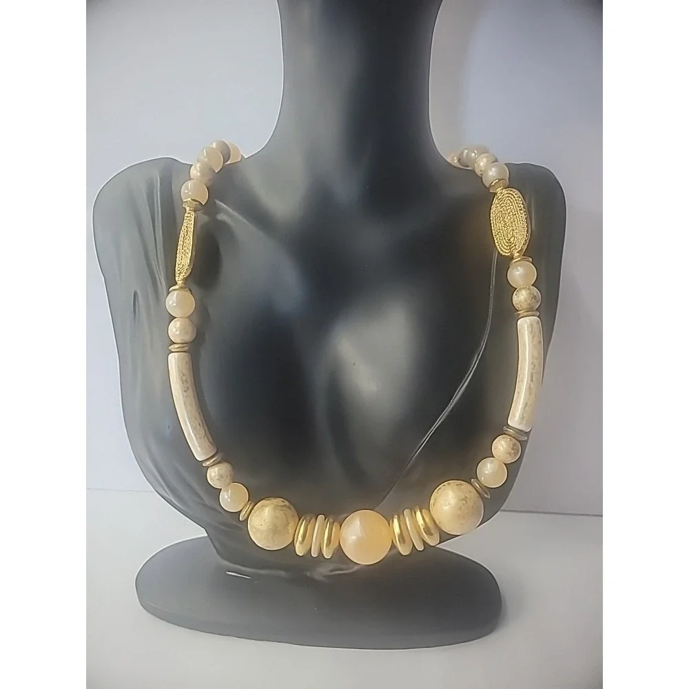Vintage Necklace Beaded Pink Peach Gold Tone Hook Embossed Jewelry Costume